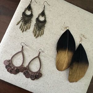 Elegant Black/brass and Gold Feather Earrings lot